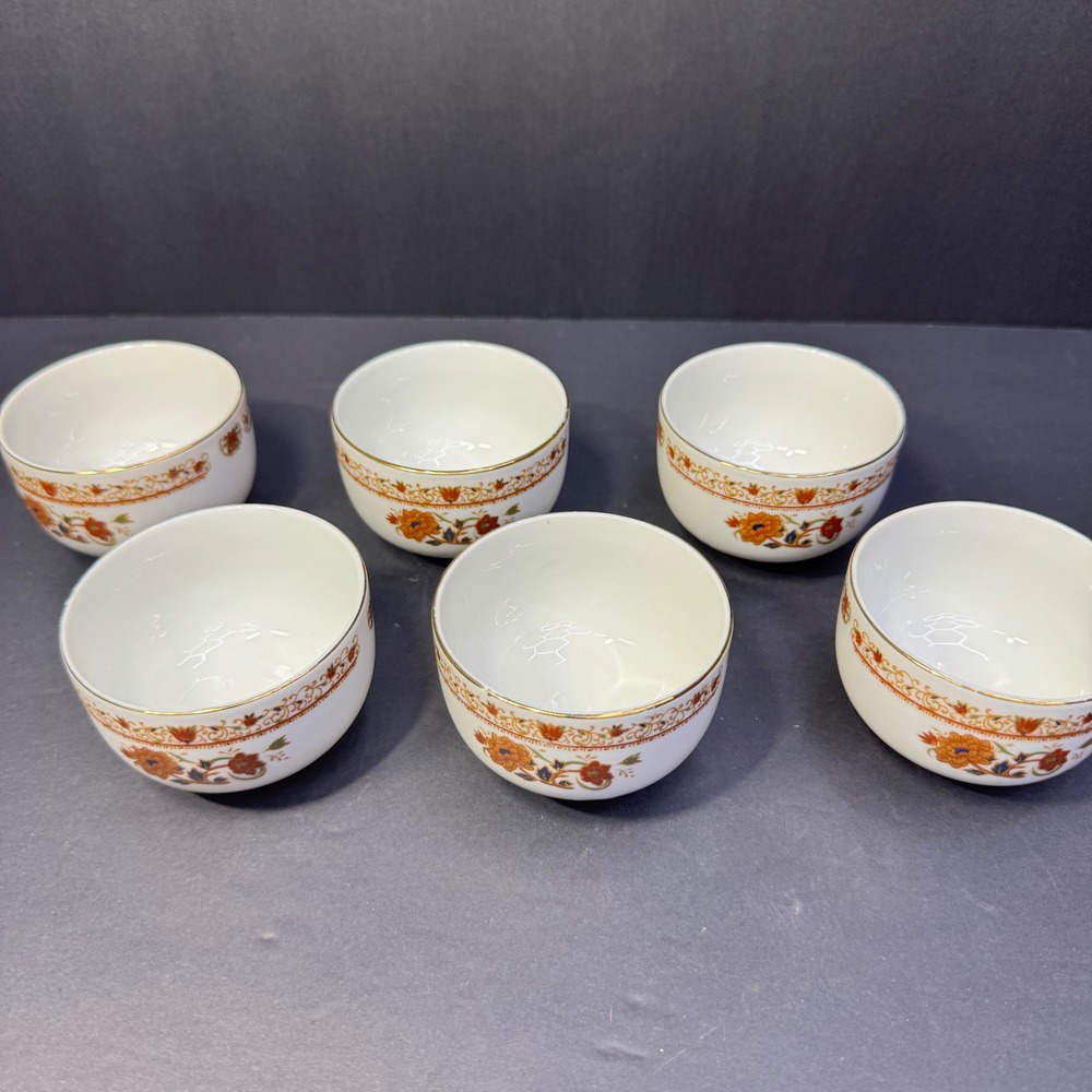 Tatung‎ Porcelain Tea Cups Set of 6 Floral Orange Gold Rim Taiwan Vintage 1970s